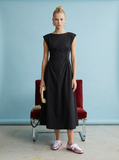 Ruched Waist Midi Dress in Black