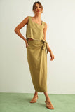 100% Linen Raw Hem Wrap Skirt in Olive