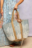 Crochet Woven Tote Bag with Dotted Texture in Ivory Sky Multicolor