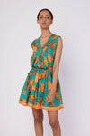 Turquoise & Orange Sleeveless Dress with Tropical Shell Print
