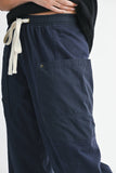 Wide Leg Cotton Twill Utility Pants with Drawstring in Navy