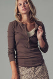 Ribbed Henley Long Sleeve in Brown