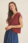 Slub Knit Sweater Top with Split Neck in Marsala