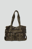 Studded Distressed Vegan Leather Tote in Washed Green