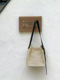 Vegan Leather Trim Straw Shoulder/Crossbody Bag in Black