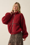 Sherpa Fleece Zip-Up Jacket with Vegan Leather Trim in Dark Cherry