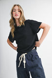 Wide Leg Cotton Twill Utility Pants with Drawstring in Navy