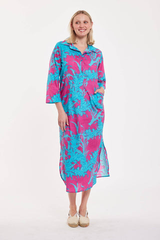 Maxi Caftan Shirt Dress with Blue & Pink Coral Print