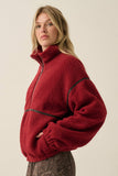 Sherpa Fleece Zip-Up Jacket with Vegan Leather Trim in Dark Cherry