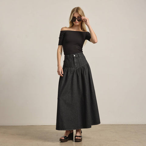 Denim Maxi Skirt in Washed Black