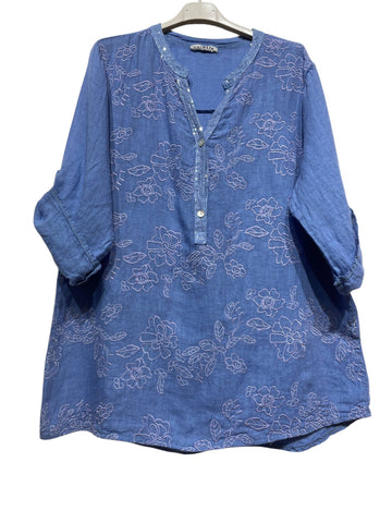Embroidered Linen Blouse with Sequin Detail Trim in Blue