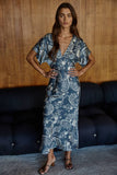 Floral Print Tie-Back Midi Dress in Midnight Blue