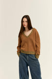 Striped V-Neck Sweater in Camel Orange