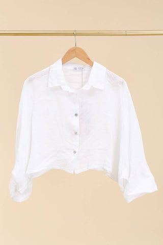 100% Linen Collared Crop Shirt in White