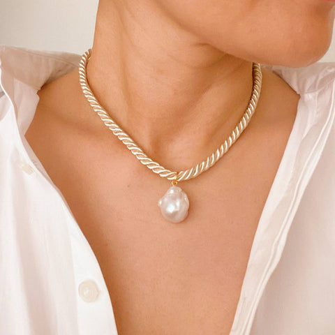Satin Rope Baroque Pearl Necklace in Cream