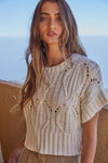 Crochet Knit Short Sleeve Sweater in Cream