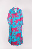 Maxi Caftan Shirt Dress with Blue & Pink Coral Print