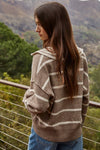 Knit Striped Sweater with V-Neck Collar in Mocha Oatmeal