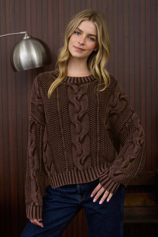 Washed Cable Knit Pullover Sweater in Cocoa