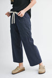 Wide Leg Cotton Twill Utility Pants with Drawstring in Navy