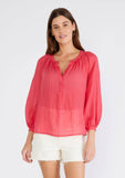 Sheer 3/4 Sleeve Round Neck Button Front Blouse in Coral