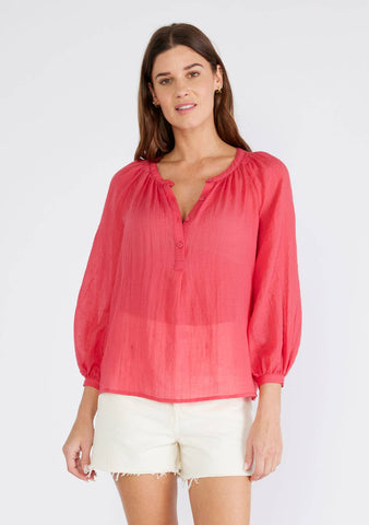 Sheer 3/4 Sleeve Round Neck Button Front Blouse in Coral