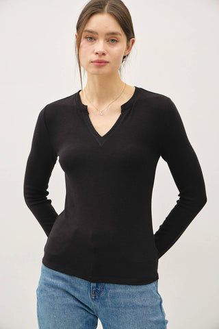 Ribbed V-Neck Long Sleeve in Black