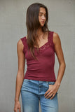 Knit Seamless Ribbed Tank Top with Lace Trim in Cabernet Red