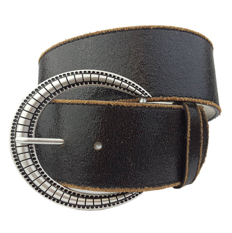 Wide Vintage Distressed Leather Belt in Black