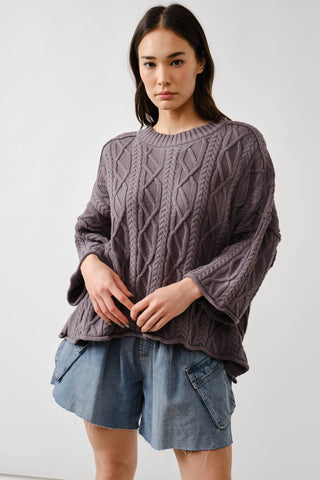 Oversized Washed Cable Sweater in Grey