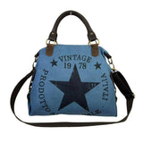 Women's Canvas Bag with Short Leather Handles and Shoulder Strap in Denim Blue