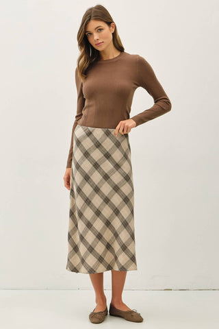 Plaid Print Midi Skirt in Mushroom