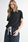 Wide Leg Cotton Twill Utility Pants with Drawstring in Navy