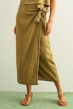 100% Linen Raw Hem Wrap Skirt in Olive
