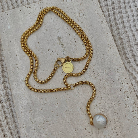 18K Gold Plated Over Stainless Steel Pearl Lariat Necklace
