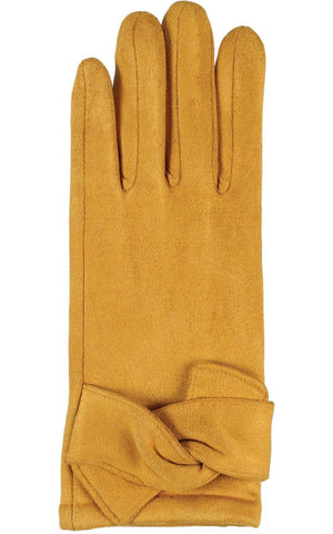 Texting Faux Suede Gloves with Flat Knot Trim in Mustard