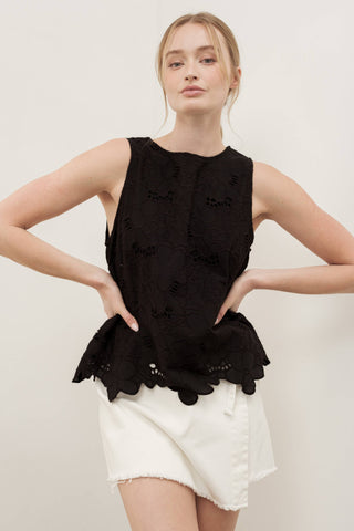 Flower Embroidery Sleeveless Top in Black