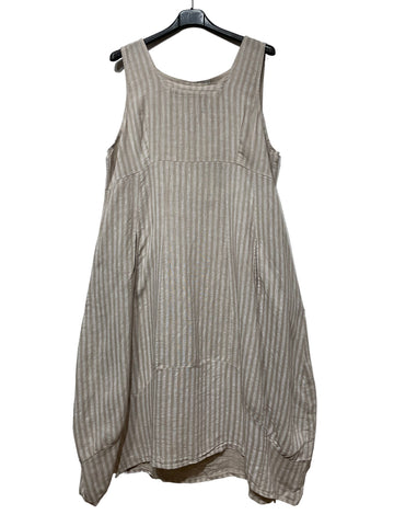 100% Linen Striped Dress in Beige