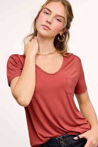 Short Sleeve Basic Top with Front Pocket in Marsala
