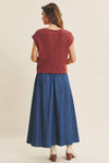 Slub Knit Sweater Top with Split Neck in Marsala
