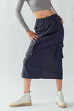 Black Toggle Tie Elastic Waist Midi Skirt