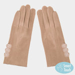 Rose Flower Embroidery Solid Soft Faux Suede Smart Gloves