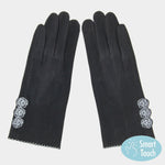 Rose Flower Embroidery Solid Soft Faux Suede Smart Gloves