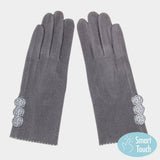 Rose Flower Embroidery Solid Soft Faux Suede Smart Gloves