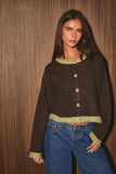 Contrast Trim Crew Neck Knit Cardigan Sweater in Brown and Light Green