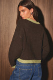 Contrast Trim Crew Neck Knit Cardigan Sweater in Brown and Light Green