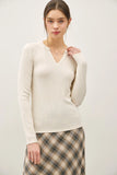 Ribbed V-Neck Long Sleeve in Black