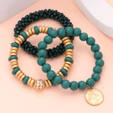 Wood Faceted Beaded Stretch Bracelets with Textured Metal Disc Charm