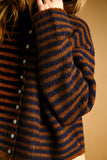 Striped Button Front Sweater Cardigan in Brown & Navy