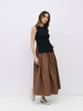 Midi Skirt with Side Waist Ties in Brown